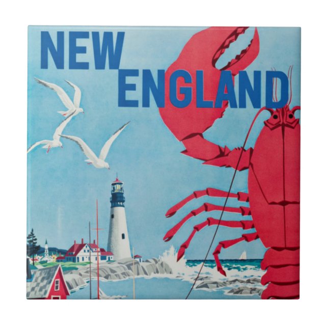 Vintage New England Lobster Lighthouse Travel Tile (Front)