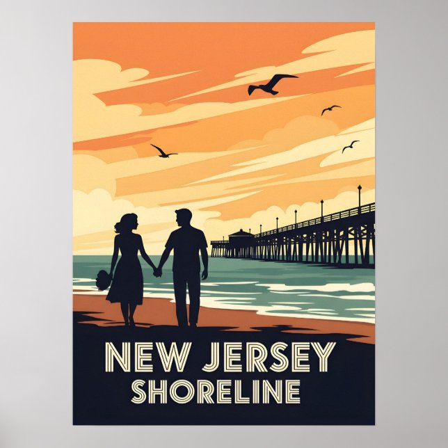 Vintage New Jersey Shoreline Sunset Poster (Front)