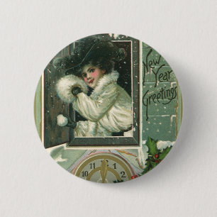 Vintage New Year Greetings, Victorian Girl Window 2 Inch Round Button