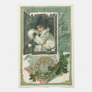 Vintage New Year Greetings, Victorian Girl Window Kitchen Towel