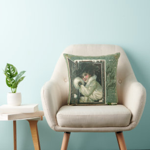 Vintage New Year Greetings, Victorian Girl Window Throw Pillow