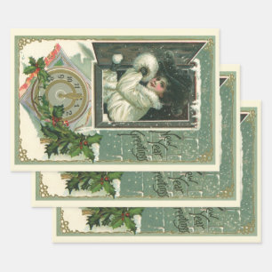 Vintage New Year Greetings, Victorian Girl Window Wrapping Paper Sheet