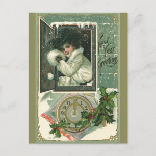 Vintage New Year Greetings, Victorian Window Girl Holiday Postcard