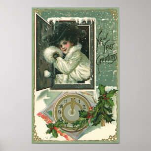 Vintage New Year Greetings, Victorian Window Girl Poster