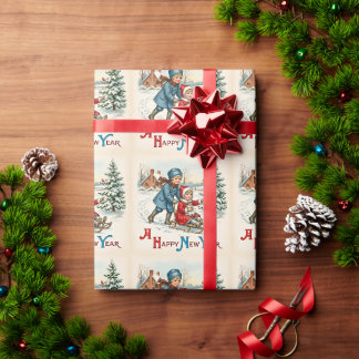 Vintage New Year Sledding Children Winter Scene Wrapping Paper