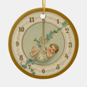 Vintage New Years Baby Clock Ceramic Ornament