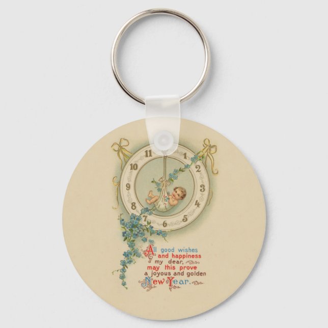 Vintage New Years Baby Clock Keychain (Front)