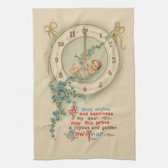 Vintage New Years Baby Clock Kitchen Towel (Vertical)