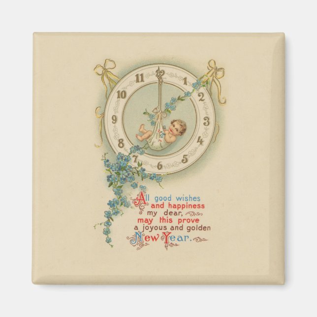 Vintage New Years Baby Clock Magnet (Front)
