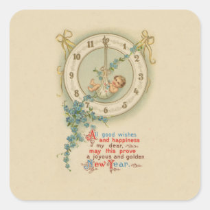 Vintage New Years Baby Clock Square Sticker