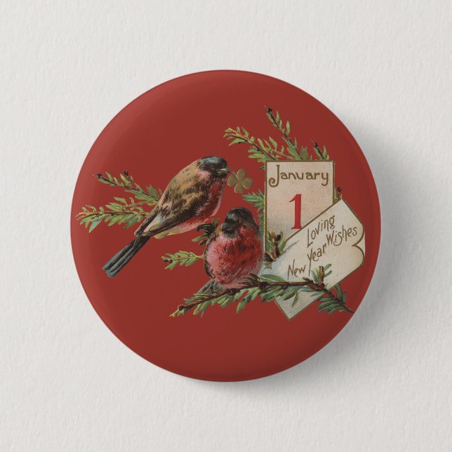 Vintage New Years Birds 2 Inch Round Button (Front)
