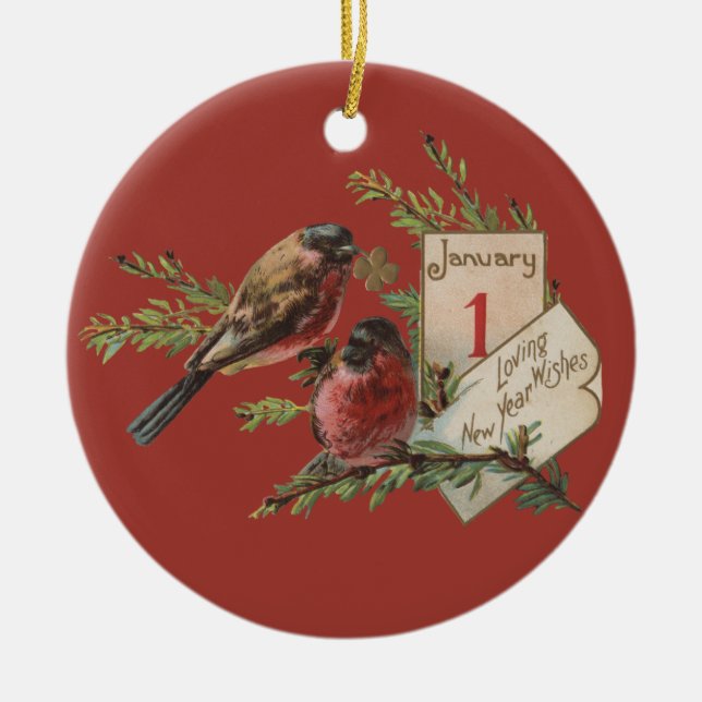 Vintage New Years Birds Ceramic Ornament (Front)