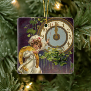 Vintage New Years Eve Irish Lass Clock at Midnight Ceramic Ornament
