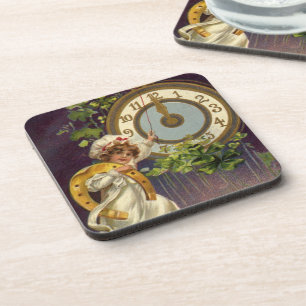 Vintage New Years Eve Irish Lass Clock at Midnight Coaster