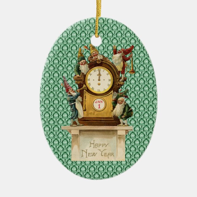 Vintage-New-Years-Gnomes Ceramic Ornament (Front)