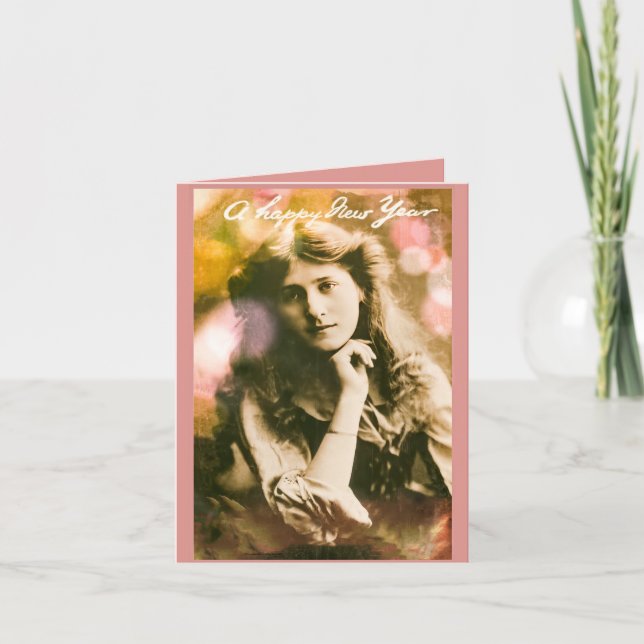Vintage New Year's Woman In Pink Card (Front)