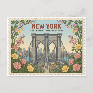 Vintage New York Brooklyn Bridge Skyline Postcard