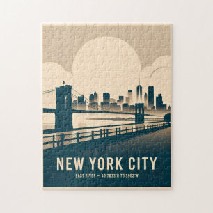 Vintage New York City East River Skyline WPA Style Jigsaw Puzzle