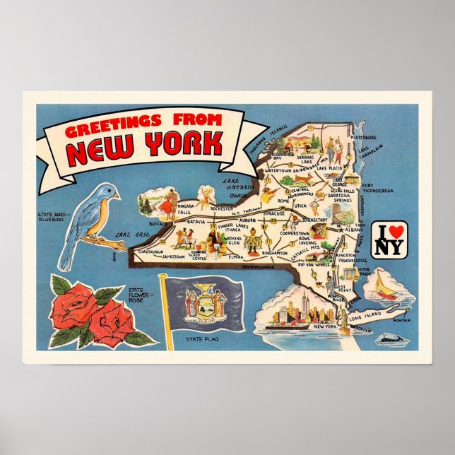Vintage New York State Map 18x12 Print (Front)