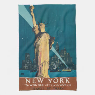 Vintage New York Wonder City Statue of Liberty Art Kitchen Towel