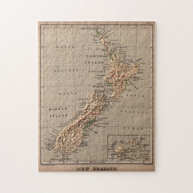Vintage New Zealand Physical Map (1880) Jigsaw Puzzle (Vertical)