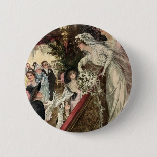 Vintage Newlyweds, Victorian Bride Tossing Bouquet 2 Inch Round Button