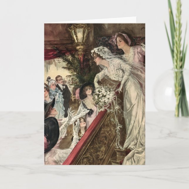 Vintage Newlyweds, Victorian Bride Tossing Bouquet Card (Front)