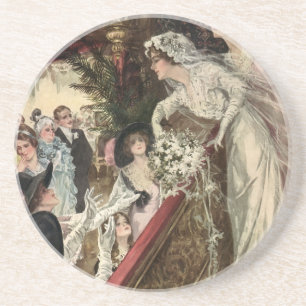 Vintage Newlyweds, Victorian Bride Tossing Bouquet Coaster
