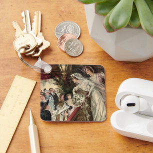 Vintage Newlyweds, Victorian Bride Tossing Bouquet Keychain