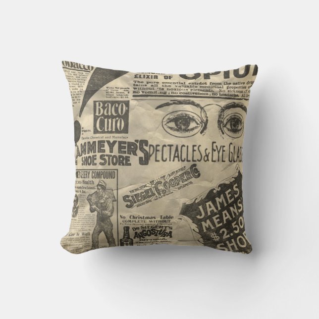 Vintage Newspaper Ads Throw Pillow (Front)