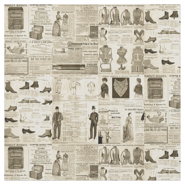 Vintage Newspaper Advertisements Rustic Tiled Fabric (Close Up)