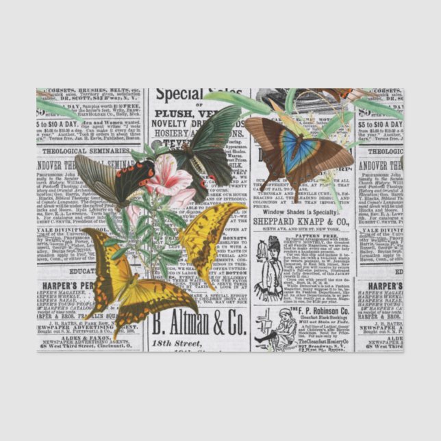 Vintage Newspaper Butterfly Tissue Paper (Front)