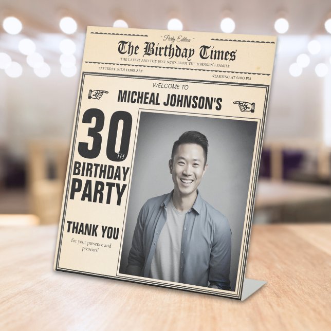 Vintage Newspaper Custom 30th Birthday Welcome Pedestal Sign (Mock up View)