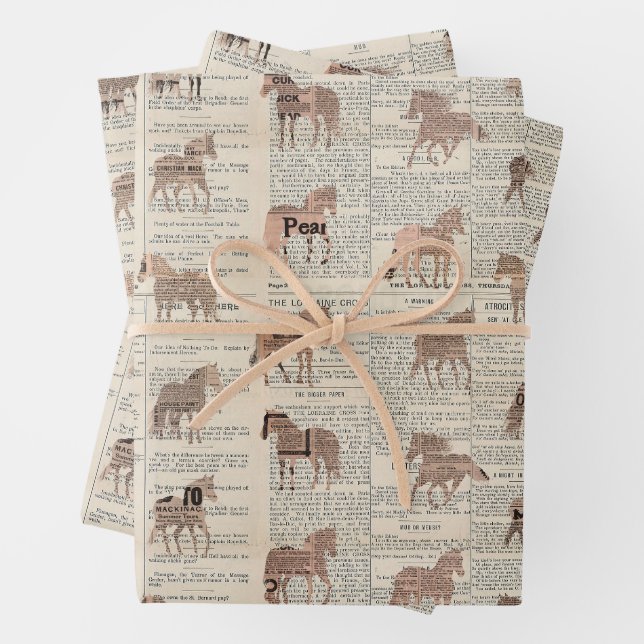 Vintage newspaper horse collage wrapping paper sheet (In situ)