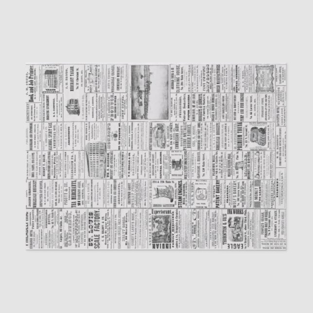 Vintage Newspaper News Black & White Decoupaging  Tissue Paper (Front)