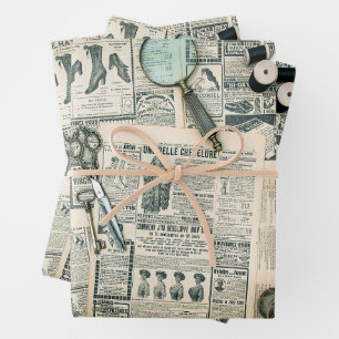 Vintage Newspaper Pages and Sewing Accessories  Wrapping Paper Sheet