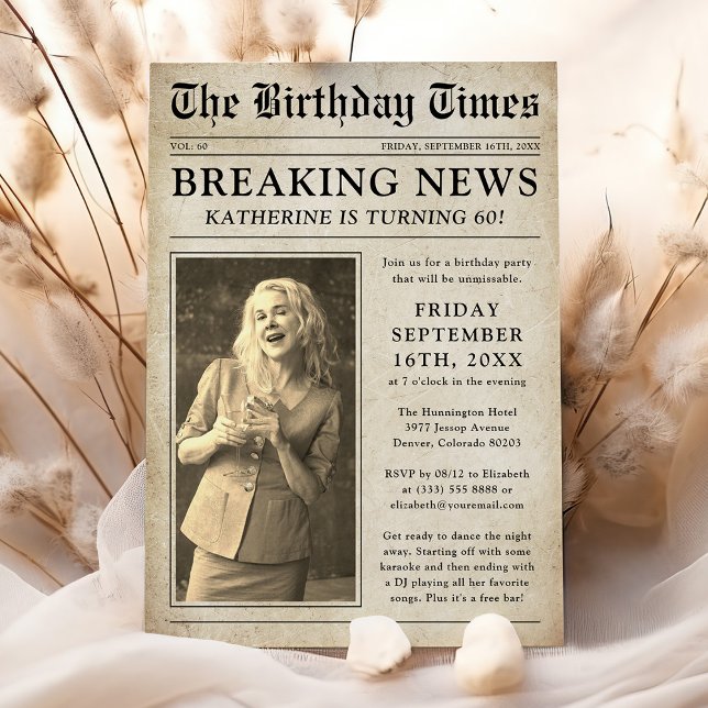 Vintage Newspaper Photo Birthday Party Invitation (Creator Uploaded)