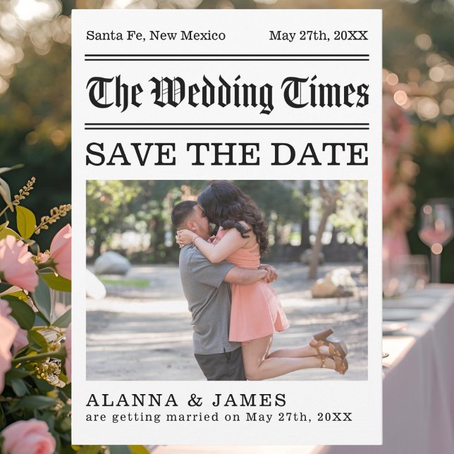 Vintage Newspaper Photo Save the Date Invitation (Creative newspaper-style “Save the Date” card titled The Wedding Times.)