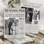 Vintage Newspaper Photo Unique Wedding Invitation<br><div class="desc">Personalize this unique, trendy, & super fun Newspaper theme classic wedding invitation with 3 black and white photos, catchy vintage typography headlines and editorial column style story text, also featuring a QR code and wedding website to RSVP. Easily add your wording, upload your engagement photos and QR code to make...</div>