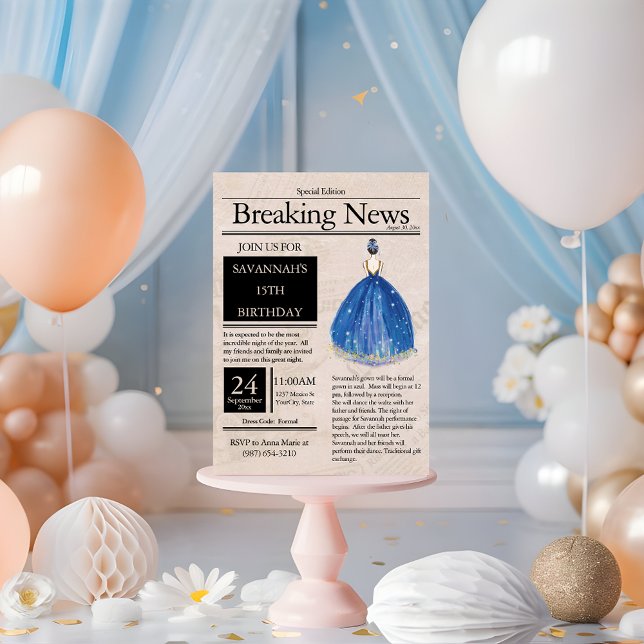 Vintage Newspaper Quinceañera Blue Azul Invitation (Creator Uploaded)