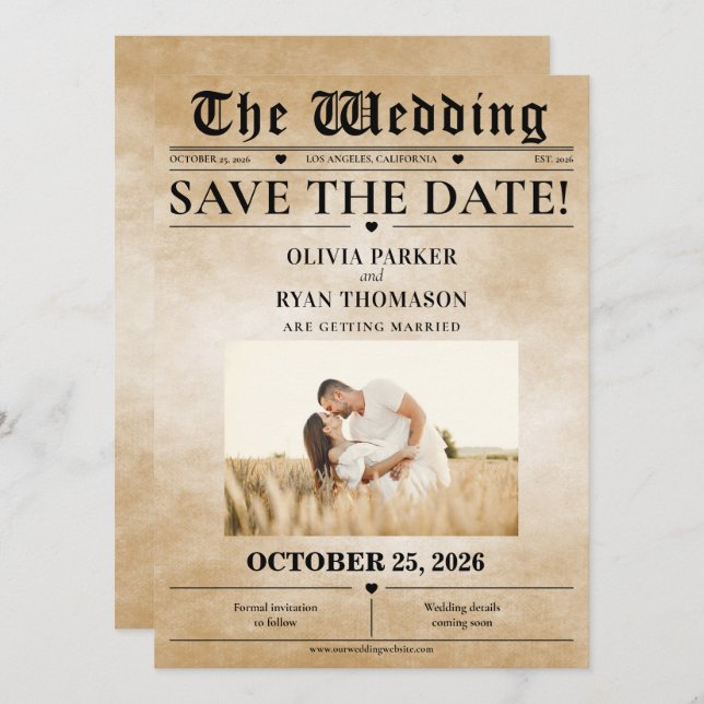 Vintage Newspaper Save the Date Invitation (Front/Back)