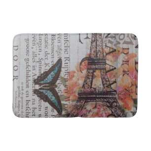 vintage newspaper scripts Paris eiffel tower Bath Mat