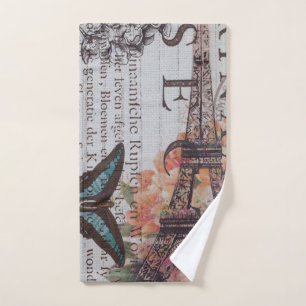 vintage newspaper scripts  Paris eiffel tower Bath Towel Set