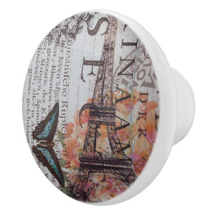 vintage newspaper scripts  Paris eiffel tower Ceramic Knob