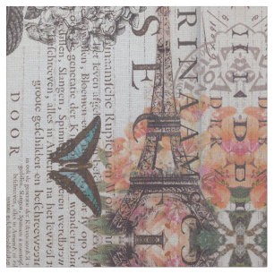 vintage newspaper scripts  Paris eiffel tower Fabric
