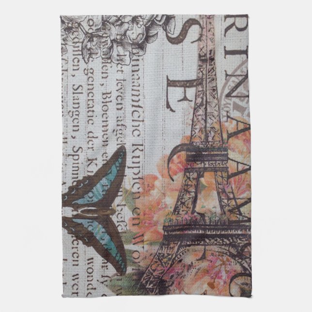 vintage newspaper scripts  Paris eiffel tower Kitchen Towel (Vertical)