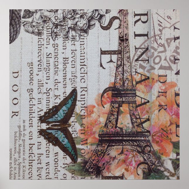 vintage newspaper scripts  Paris eiffel tower Poster (Front)