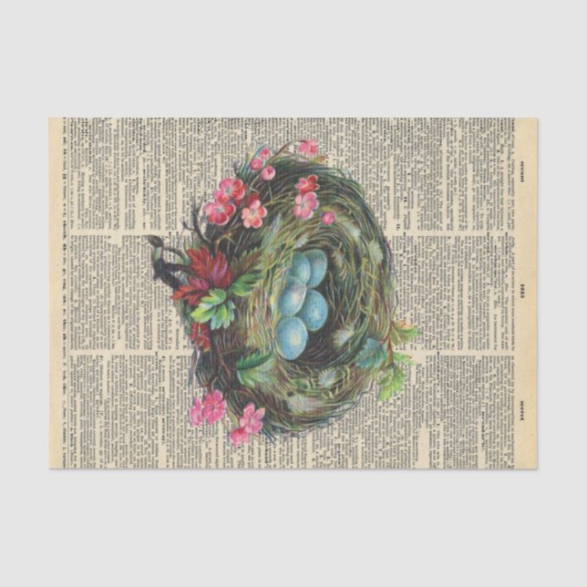 Vintage Newspaper with Birds Nest Decoupage Tissue Paper (Front)