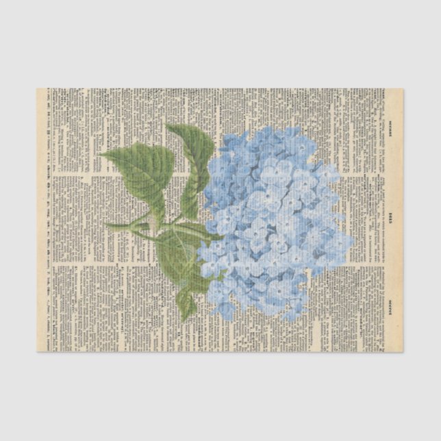 Vintage Newspaper with Blue Flower Decoupage Tissue Paper (Front)