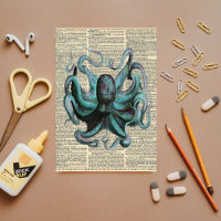 Vintage Newspaper with Blue Octopus GiantDecoupage